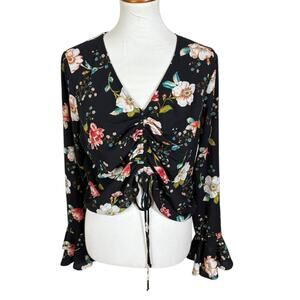 Gypsies & Moondust Black Floral Flared Sleeve Ruched Front Crop Blouse Size L